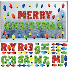 Christmas Tree Window Door Clings Stickers,Merry Christmas Quotes Wall Decals,Christmas Bulletin Board Decoration Stickers Kit,Joy Love Peace Christmas Garage Door Porch Decor for Holiday Christmas