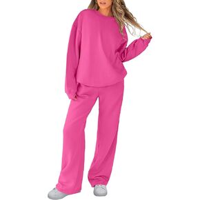 Caracilia Women's 2 Piece Outfits Sweatsuit Oversized Fleece Sweatshirt Wide Leg Pants Y2K Tracksuit Lounge Sets 2024 Fall Hot Pink Small