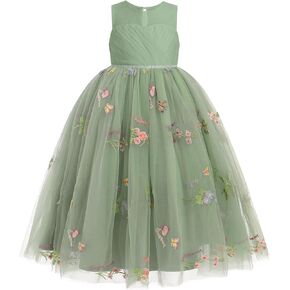 IBTOM CASTLE Kids Flower Girl Dress Embroidery Sleeveless Birthday Dress Lace Tulle Party Dress Bridesmaid Wedding