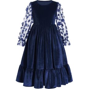 IDOPIP Girls Mesh Long Sleeve Velvet Dress 3D Flower Winter Fall Ruffle Dress Prom Christmas Christening First Communion Gown