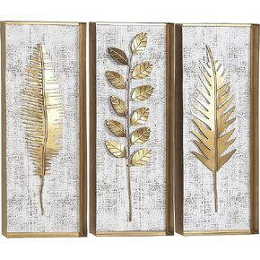 Deco 79 Metal Leaf Home Wall Decor Framed 3D Wall Sculpture with Distressed Wood Backing, Set of 3 Wall Art 12"W, 32"H, Gold