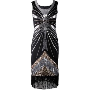 Vijiv Long Prom 1920s Gatsby Beaded Sequin Art Nouveau Deco Fringe Flapper Dress
