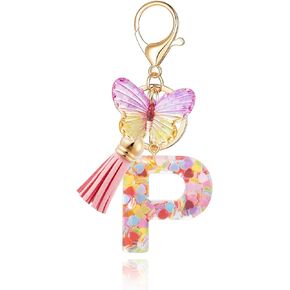 XGALBLA Initial letter Keychain for Women Girls Tassel Butterfly Pink Purple Cute Car Keychain for Wallet Backpack Bag Charm