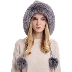Campsis Winter Knit Beanie Hat with Faux Fur Grey Plush Thick 3 Pompoms Skull Hats Warm Wool Knitted Beanie Hat with Drawstring Skiing Cycling Camping Hiking for Women and Girls