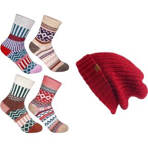 JOYCA & CO. Womens Winter Warm Wool Socks and Slouchy Fall Beanie Hat Bundle (Mix1 & Red)