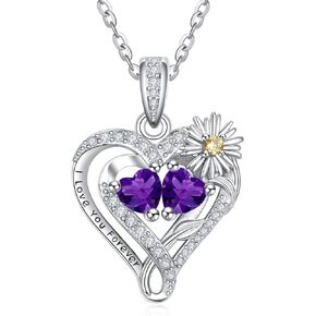 Daisy Heart Birthstone Necklaces for Women,925 Sterling Silver Women Pendant Necklace, Mother's Day Birthday Anniversary Jewelry Gifts for Wife Mom Grandma Daughter