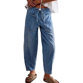 CHARTOU Women's Trendy Mid Rise Barrel Jeans Drawstring Boyfriend Denim Pants Harem Y2K Jeans with Pockets