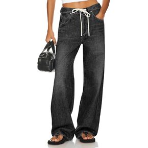 PLNOTME Womens Baggy Wide Leg Jeans Boyfriend Drawstring High Waisted Mom Denim Pants with Pockets Black, 10
