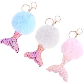 PRETYZOOM Wallet Keychain Plush Keychain Pom Mermaid Keychain Blue Beige Fluffy Keyrings Beach Sea Creature Fishtail Bag Charm Jewelry for Key Pendant Accessories 3pcs Wallet Keychain Plush Keychain