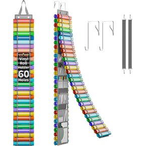 Vinyl Roll Holder with 60 Compartments, 10 Internal Mesh Pockets, 2 Hooks & 1 Strap, and a Weeder & Scraper - 66"x8.6" Vinyl Roll Storage - Vinyl Storage Organizer - Vinyl Organizer Storage Craft