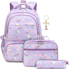4Pcs Kids Backpack for Girls, Mermaid Cute School Toddler Backpack with Lunch Box & Pencil Case for Elementary Preschool Lightweight (Pink)
