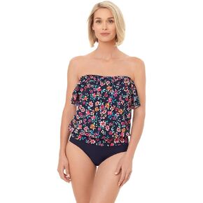 Penbrooke Women's Swimwear Sweetest Escape Bandeau Split Ruffle Blouson Soft Cup Removable Strap Tankini Top