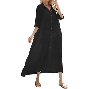 Bsubseach Womens Casual Short Sleeve Button Down Long Kimonos Cardigans Cover Ups for Swimwear Tiered Shirt Maxi Beach Dress