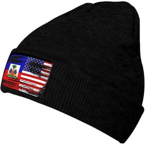 Cute Haiti Flag Beanie Knit Hats for Men Women Soft Slouchy Haitian Flag Winter Hats Skull Cap Black