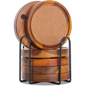 Wood Coasters for Drinks Absorbent with Holder, Acacia Wood Cork Coaster Rustic Coasters for Coffee Table Dining Table Wooden Table Coasters for Farmhouse Desk, Set of 6 4.13inch Dark Brown