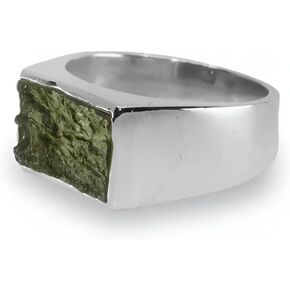 Natural Raw Moldavite Ring 925 Sterling Silver Mens Moldavite Ring Mens Signet Ring Genuine Moldavite Jewelry for Him Czech Republic Certified Natural Gemstone Jewlery
