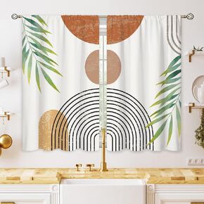Boho Mid Century Small Kitchen Curtains Modern Abstract Window Treatment Leaf Rod Pocket Cafe Short Window Curtains for Bathroom Dining Laundry Room Bohemian Tier Treatment Drapes 26x36 inch