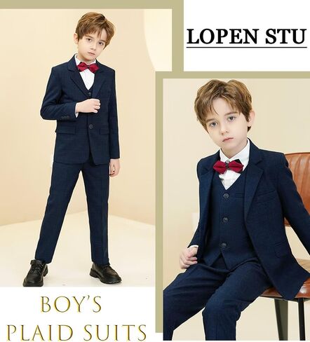 Boy's Suit Kids Plaid Suits for Boy Wedding Outfits Boys Plaid Blazer Vest Pants Ties Formal Suit Set in Saudi Arabia