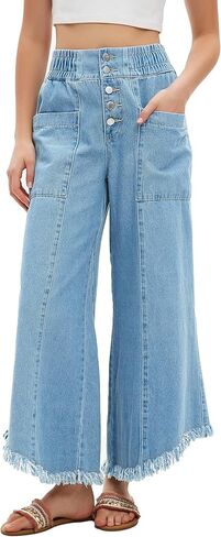 LifeShe Women's Baggy Wide Leg Jeans Elastic Waisted Cropped Denim Pants Loose Boyfriend Raw Hem Jeans in Kuwait