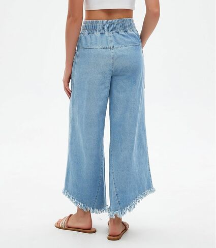 LifeShe Women's Baggy Wide Leg Jeans Elastic Waisted Cropped Denim Pants Loose Boyfriend Raw Hem Jeans in Kuwait