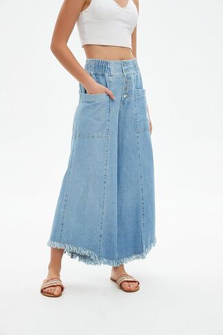 LifeShe Women's Baggy Wide Leg Jeans Elastic Waisted Cropped Denim Pants Loose Boyfriend Raw Hem Jeans in Kuwait