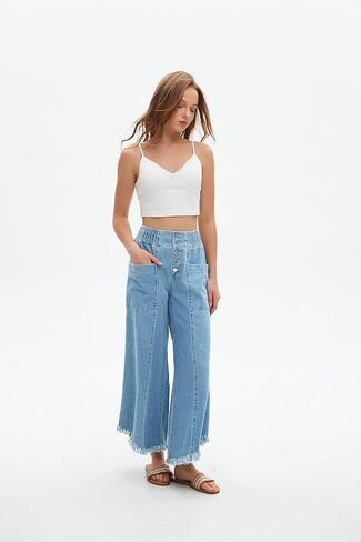 LifeShe Women's Baggy Wide Leg Jeans Elastic Waisted Cropped Denim Pants Loose Boyfriend Raw Hem Jeans in Kuwait