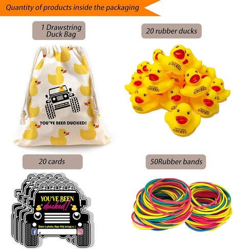 LANBAIHE You've been Ducked، مجموعة بطة البط، مجموعة 91 قطعة، 20 بطاقة بطة، 20 بطة مطاطية صفراء، 50 شريطًا مطاطيًا، 1 حقيبة بطة برباط، هدية لأي متحمس للبط (بطة مطاطية صفراء 02) in Kuwait