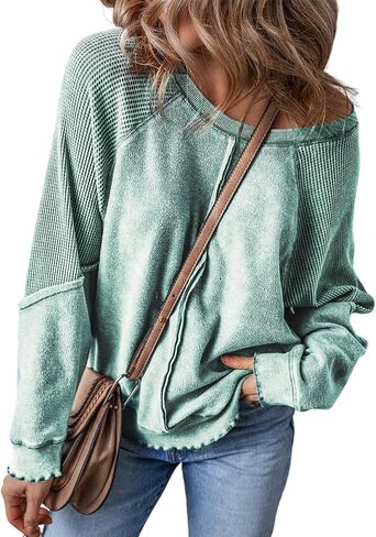 WHO IN SHOP Women's Oversized Sweatshirt off shoulder waffle knit Top Long Sleeve Crew Neck Casual Pullover Top in Saudi Arabia