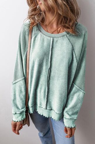 WHO IN SHOP Women's Oversized Sweatshirt off shoulder waffle knit Top Long Sleeve Crew Neck Casual Pullover Top in Saudi Arabia