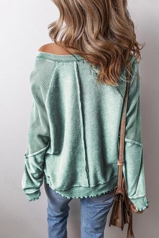 WHO IN SHOP Women's Oversized Sweatshirt off shoulder waffle knit Top Long Sleeve Crew Neck Casual Pullover Top in Saudi Arabia