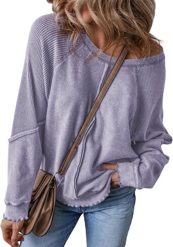 WHO IN SHOP Women's Oversized Sweatshirt off shoulder waffle knit Top Long Sleeve Crew Neck Casual Pullover Top in Saudi Arabia