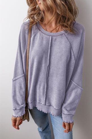 WHO IN SHOP Women's Oversized Sweatshirt off shoulder waffle knit Top Long Sleeve Crew Neck Casual Pullover Top in Saudi Arabia