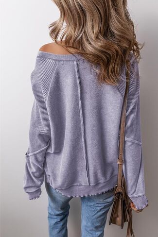 WHO IN SHOP Women's Oversized Sweatshirt off shoulder waffle knit Top Long Sleeve Crew Neck Casual Pullover Top in Saudi Arabia