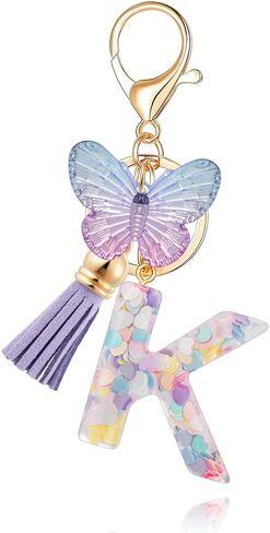 XGALBLA Initial letter Keychain for Women Girls Tassel Butterfly Pink Purple Cute Car Keychain for Wallet Backpack Bag Charm in Kuwait