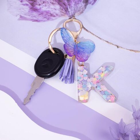 XGALBLA Initial letter Keychain for Women Girls Tassel Butterfly Pink Purple Cute Car Keychain for Wallet Backpack Bag Charm in Kuwait