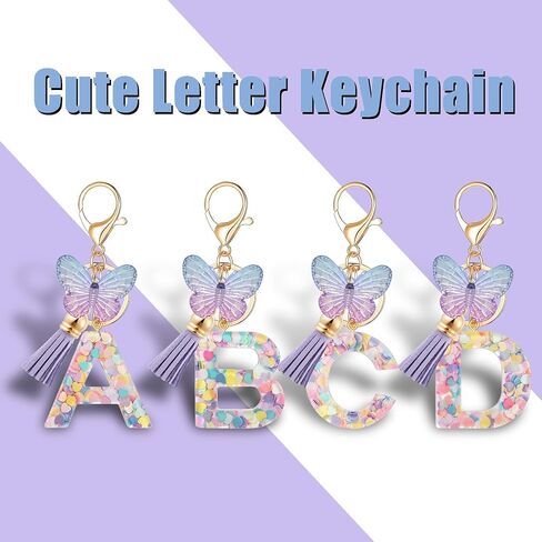 XGALBLA Initial letter Keychain for Women Girls Tassel Butterfly Pink Purple Cute Car Keychain for Wallet Backpack Bag Charm in Kuwait