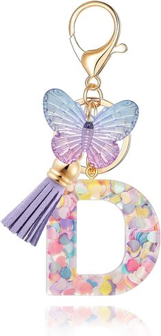 XGALBLA Initial letter Keychain for Women Girls Tassel Butterfly Pink Purple Cute Car Keychain for Wallet Backpack Bag Charm in Kuwait