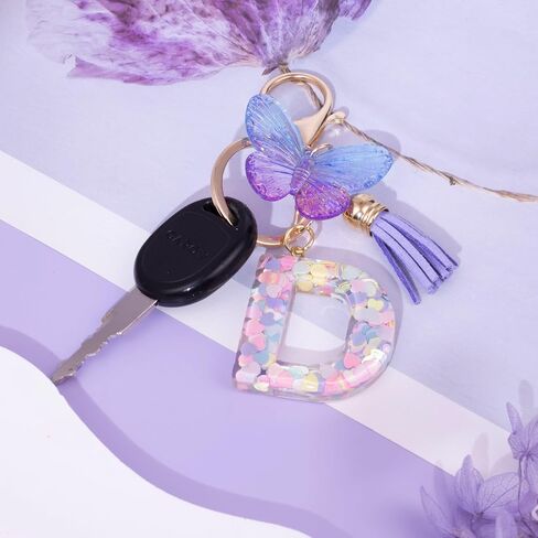 XGALBLA Initial letter Keychain for Women Girls Tassel Butterfly Pink Purple Cute Car Keychain for Wallet Backpack Bag Charm in Kuwait