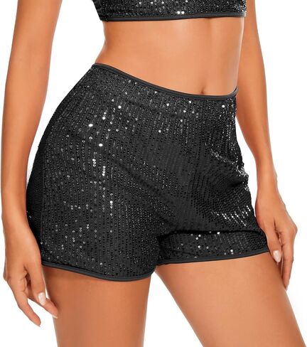 Womens Sequin Shorts Elastic High Waisted Sparkly Straight Legs Shorts Glitter Sparkle Party Shorts,Red,Large in Saudi Arabia