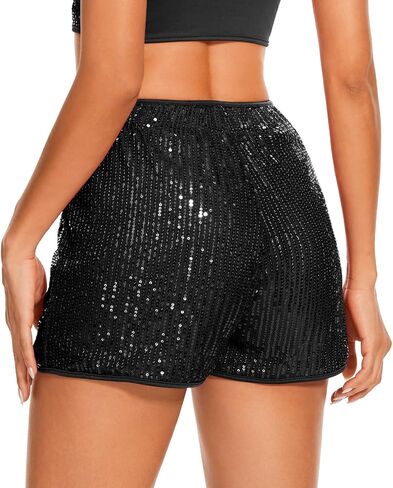 Womens Sequin Shorts Elastic High Waisted Sparkly Straight Legs Shorts Glitter Sparkle Party Shorts,Red,Large in Saudi Arabia