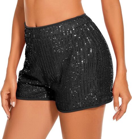 Womens Sequin Shorts Elastic High Waisted Sparkly Straight Legs Shorts Glitter Sparkle Party Shorts,Red,Large in Saudi Arabia