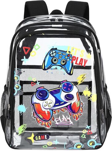 AO ALI VICTORY Clear Backpack for School,PVC Transparent Kids Bookbag for Girls Boys Cute Toddler Back Pack Kindergarten Elementary Schoolbag Stadium Approved See Through Backpacks,Black Gamer in Saudi Arabia
