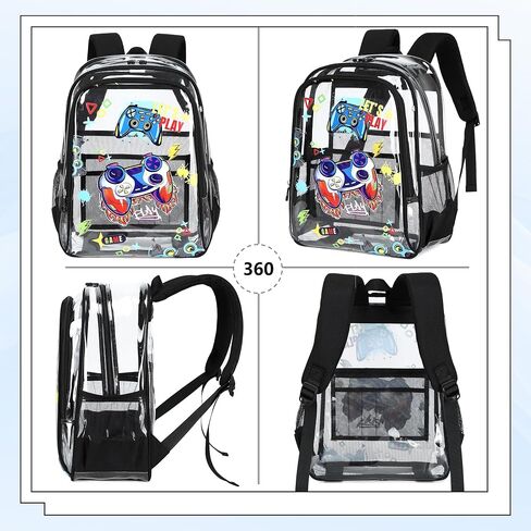 AO ALI VICTORY Clear Backpack for School,PVC Transparent Kids Bookbag for Girls Boys Cute Toddler Back Pack Kindergarten Elementary Schoolbag Stadium Approved See Through Backpacks,Black Gamer in Saudi Arabia