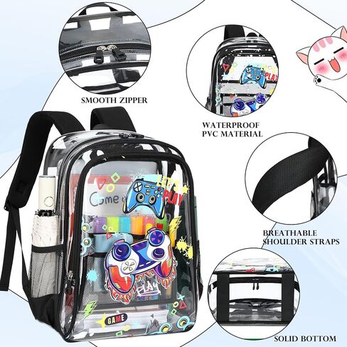 AO ALI VICTORY Clear Backpack for School,PVC Transparent Kids Bookbag for Girls Boys Cute Toddler Back Pack Kindergarten Elementary Schoolbag Stadium Approved See Through Backpacks,Black Gamer in Saudi Arabia