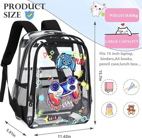 AO ALI VICTORY Clear Backpack for School,PVC Transparent Kids Bookbag for Girls Boys Cute Toddler Back Pack Kindergarten Elementary Schoolbag Stadium Approved See Through Backpacks,Black Gamer in Saudi Arabia