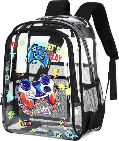 AO ALI VICTORY Clear Backpack for School,PVC Transparent Kids Bookbag for Girls Boys Cute Toddler Back Pack Kindergarten Elementary Schoolbag Stadium Approved See Through Backpacks,Black Gamer in Saudi Arabia