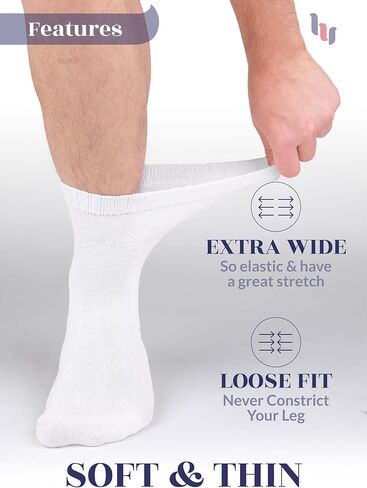 Hugh Ugoli Diabetic Socks for Men, Loose Ankle Socks Bamboo, Extra-Wide, Thin, Seamless Toe and Non-Binding Top, 4 Pairs, White, Shoe Size: 11-13 in Kuwait
