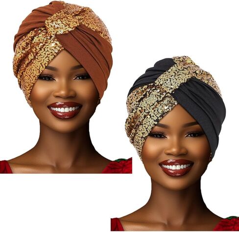 قبعات Wooee الأفريقية بالترتر وأغطية الرأس الأفريقية المربوطة مسبقًا عمامة الكنيسة الملتوية للنساء والفتيات باللون البني والأسود in Kuwait