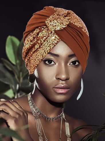 قبعات Wooee الأفريقية بالترتر وأغطية الرأس الأفريقية المربوطة مسبقًا عمامة الكنيسة الملتوية للنساء والفتيات باللون البني والأسود in Kuwait