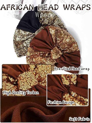 قبعات Wooee الأفريقية بالترتر وأغطية الرأس الأفريقية المربوطة مسبقًا عمامة الكنيسة الملتوية للنساء والفتيات باللون البني والأسود in Kuwait